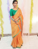 Orange Color Handloom Metallic Linen Saree with Banarasi Patch Border - NawabiLehaja