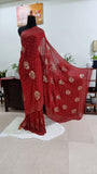 Aafrozah Deep Red Allover Gulab pattern heavy Badla work saree - NawabiLehaja