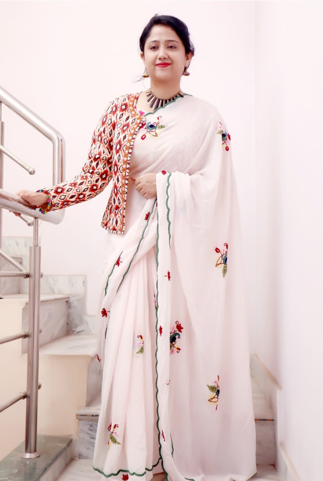 Baby Pink Pure Georgette handcrafted saree with aari embroidery - NawabiLehaja