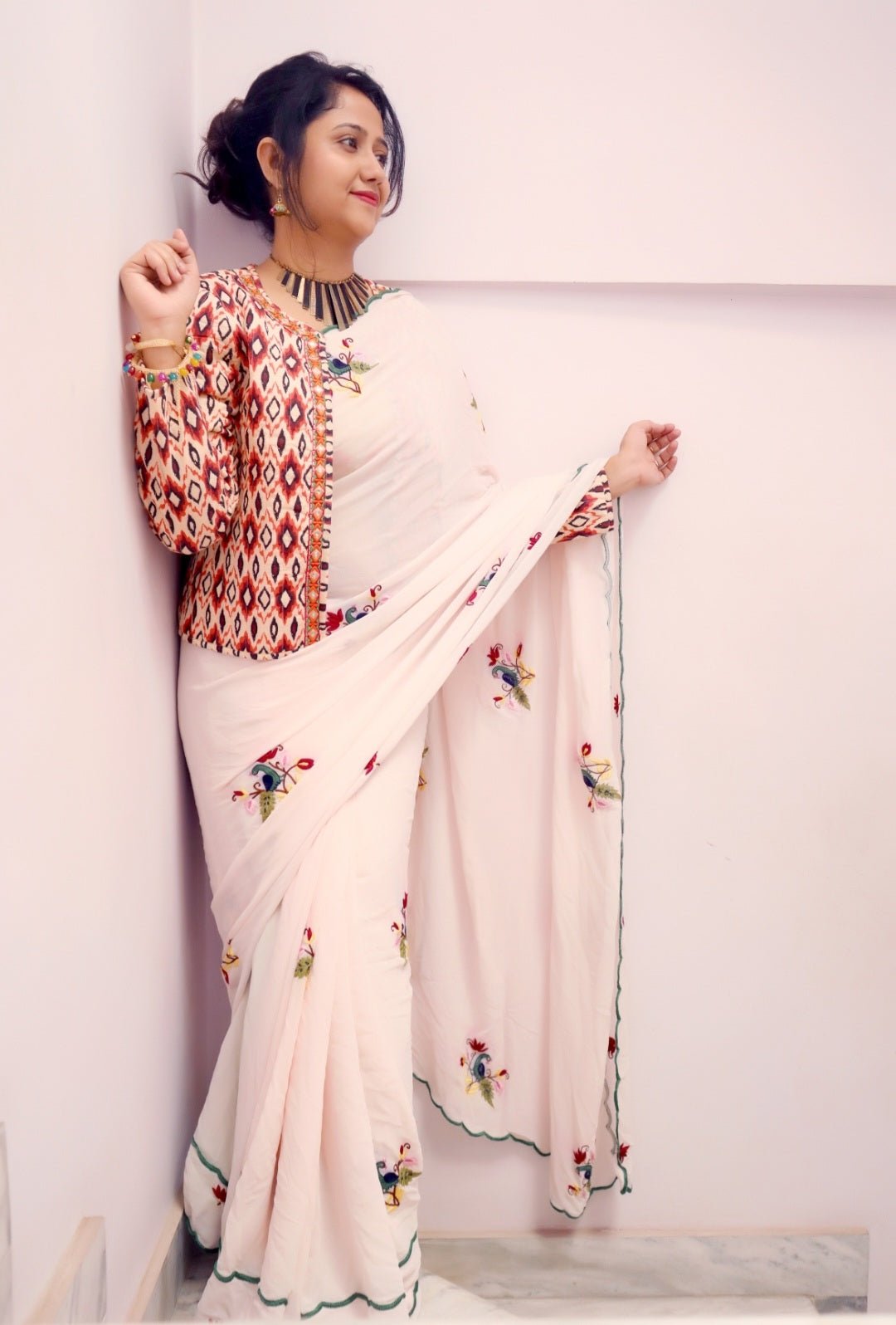 Baby Pink Pure Georgette handcrafted saree with aari embroidery - NawabiLehaja