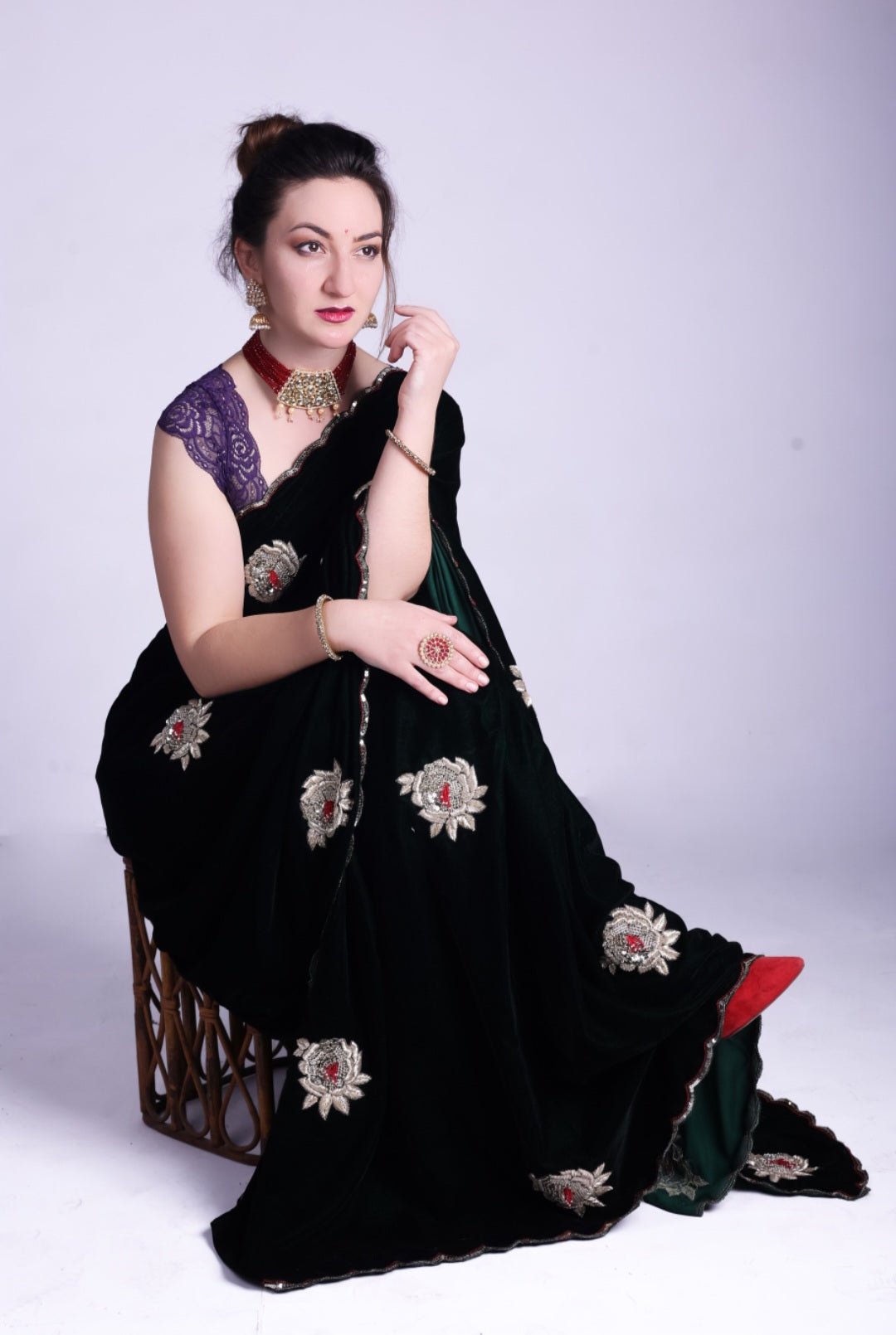 Bottle Green Hand Embroidered Silk Velvet saree - NawabiLehaja