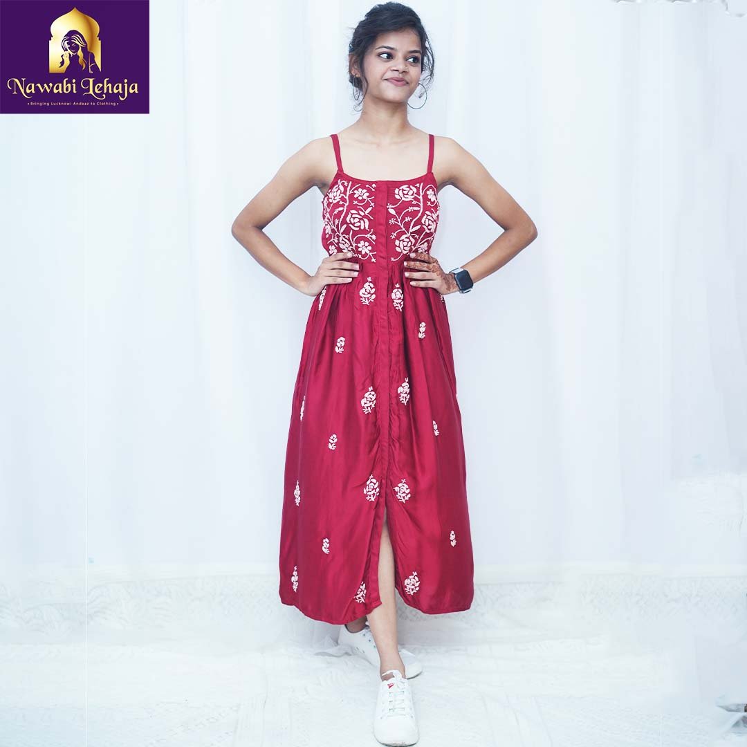 Chikankari Modal Satin Midi Dress for Women - NawabiLehaja