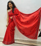 Deep Red Pure Chanderi Silk Saree - NawabiLehaja