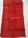 Deep red pure organza silk dupatta with handembroidered chikankari and mukaish work - NawabiLehaja