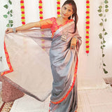 Grey color Handloom Metallic Linen Saree with Banarasi Patch Border - NawabiLehaja