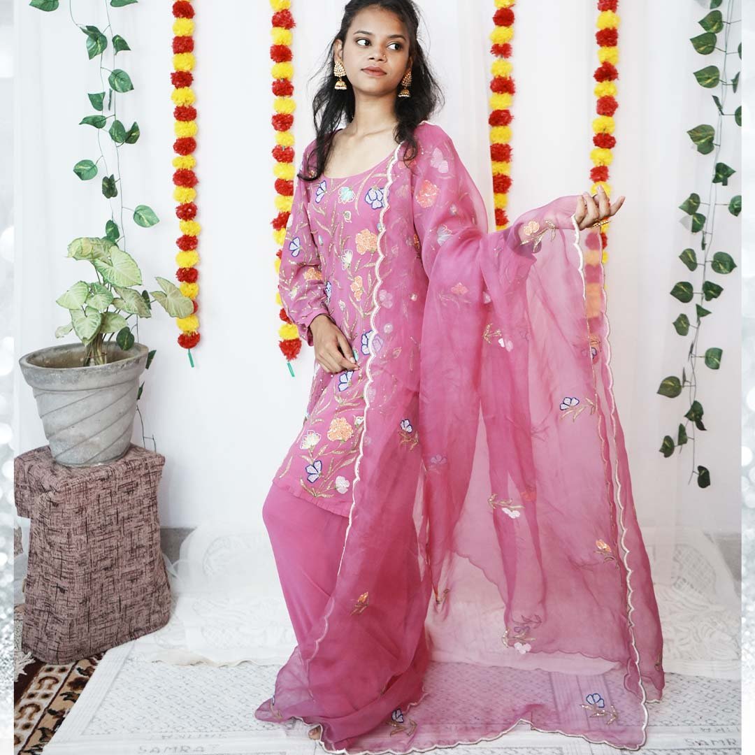 Handcrafted Viscose Georgette Aari Zardosi Suit set with Organza Dupatta - NawabiLehaja