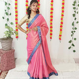 Handloom metallic linen saree with banarasi patch border - NawabiLehaja