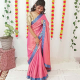 Handloom metallic linen saree with banarasi patch border - NawabiLehaja