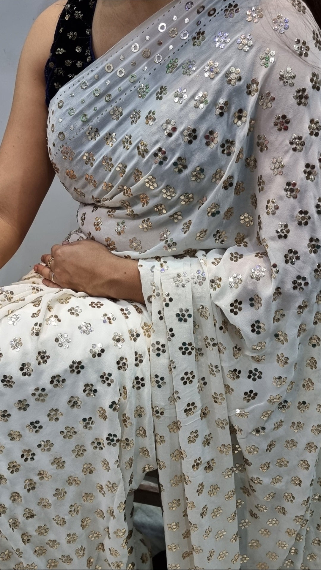 Ivory handcrafted Pure Georgette saree with allover badla and ring mukaish design - NawabiLehaja