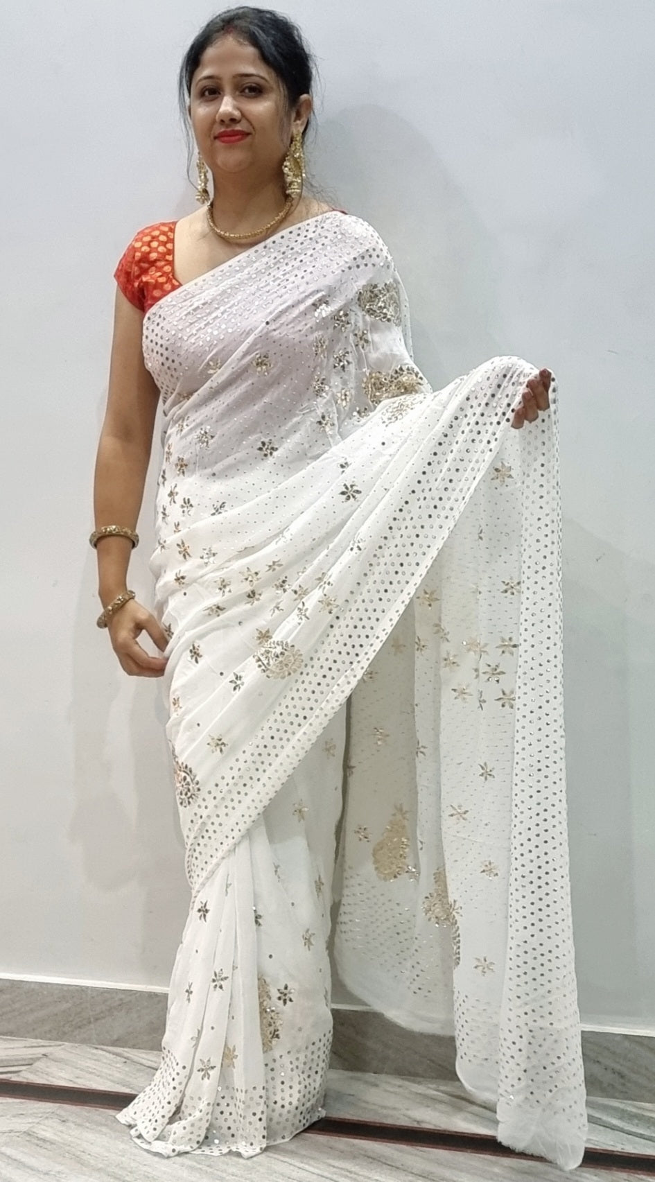 Ivory Pure Viscose georgette saree with Mukaish work - NawabiLehaja