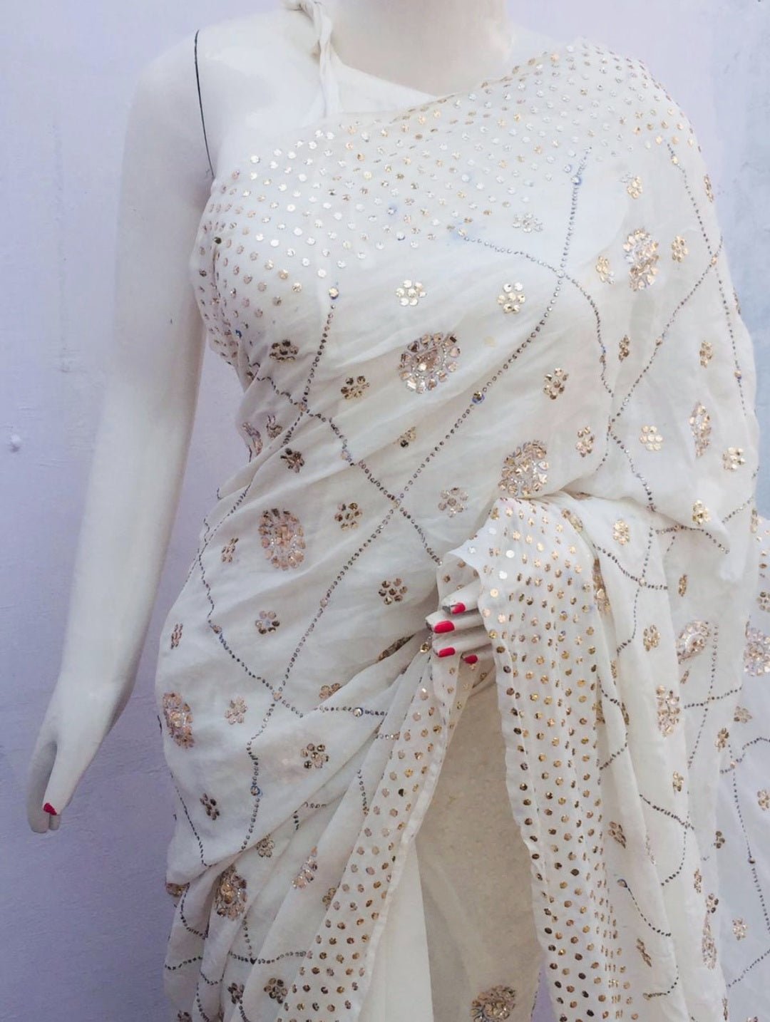 Ivory Viscose georgette handcrafted Badla mukaish saree - NawabiLehaja