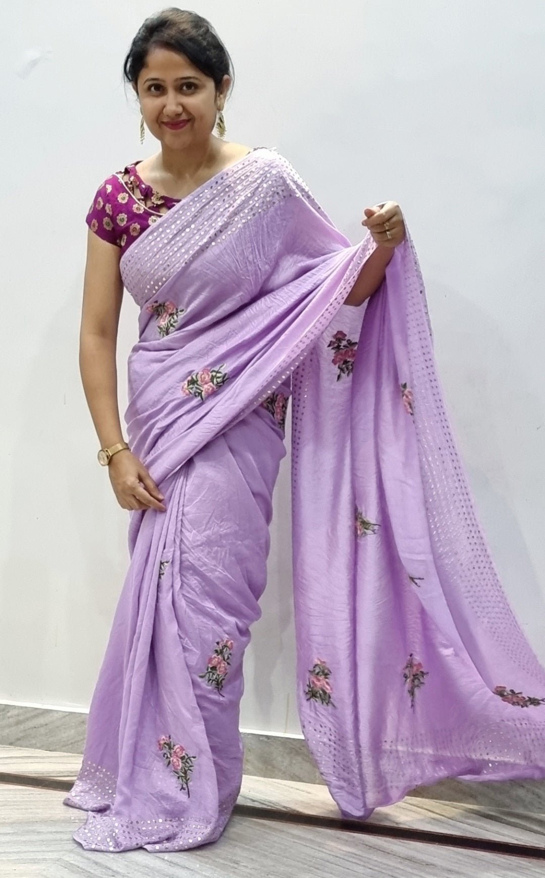 Lavender Chanderi silk saree with aari embroidery and mukaish work. - NawabiLehaja