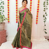 Olive Color Handloom Metallic Linen Saree with Pink Banarasi Patch Border - NawabiLehaja