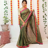 Olive Color Handloom Metallic Linen Saree with Pink Banarasi Patch Border