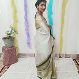 Olive green handloom metallic linen saree with Banarasi Patch Border - NawabiLehaja