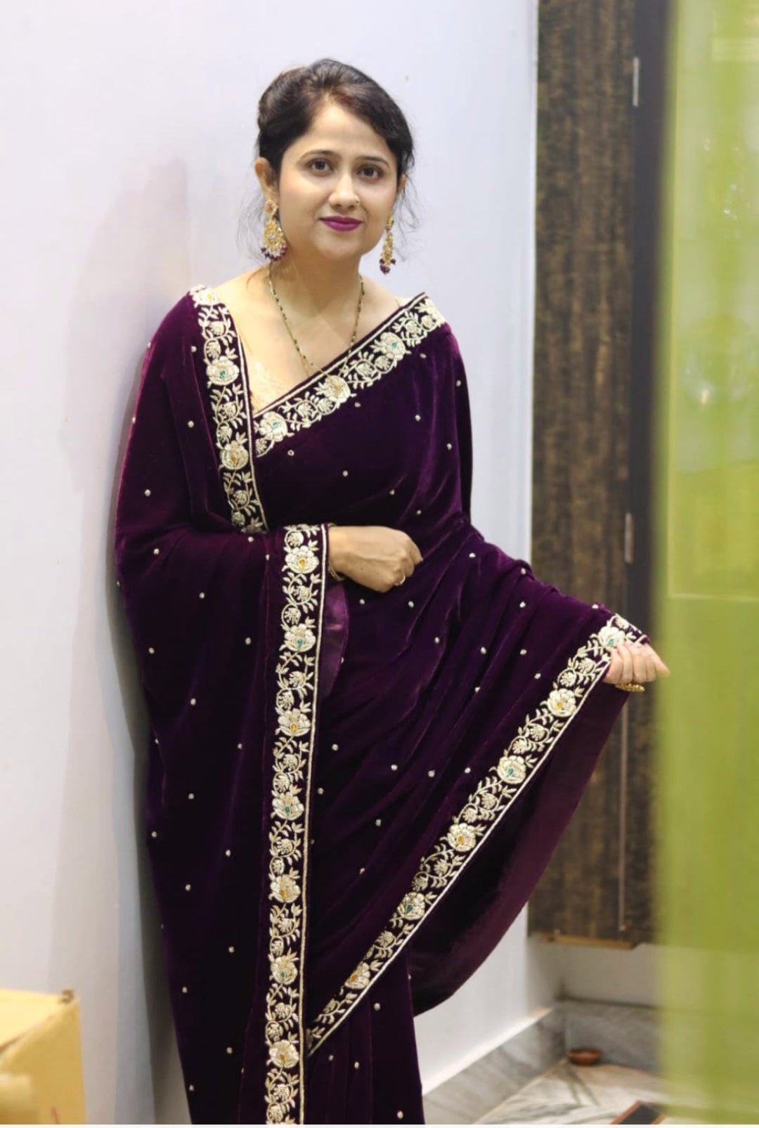 Plum Hand Embroidered Silk Velvet Saree - NawabiLehaja