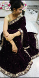 Plum Hand Embroidered Silk Velvet Saree - NawabiLehaja
