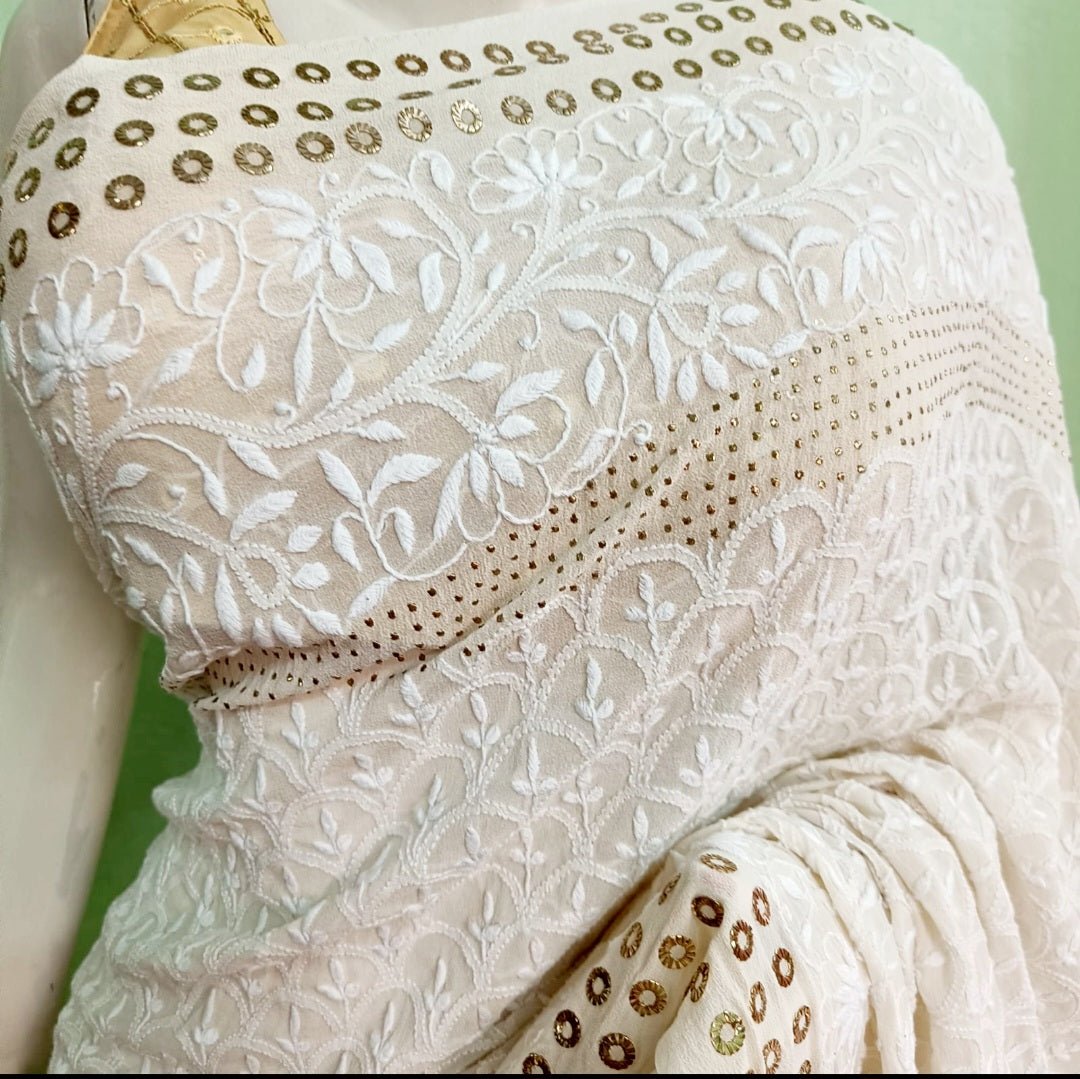 Pure georgette dyeable handcrafted chikankari saree with mukaish border - NawabiLehaja