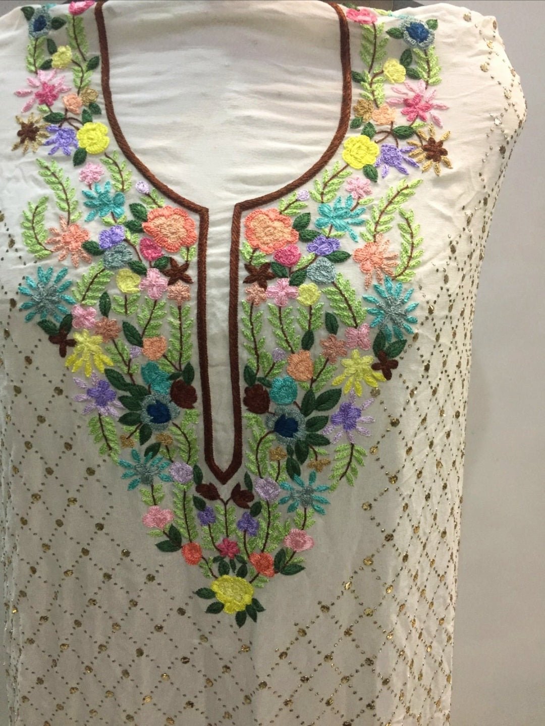 Pure Georgette hand embroidered Kurta fabric with Parsi gara and Mukaish work - NawabiLehaja