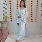 Pure Modal Handcrafted chikankari Kurta with frill sleeves and Palazzo. - NawabiLehaja