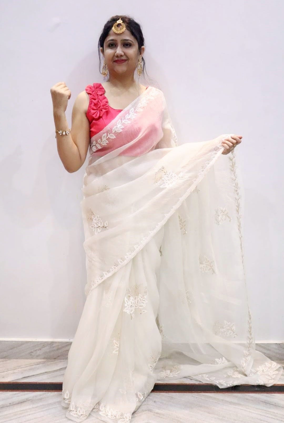 Pure Organza Ivory saree with Applique and Mukaish work - NawabiLehaja