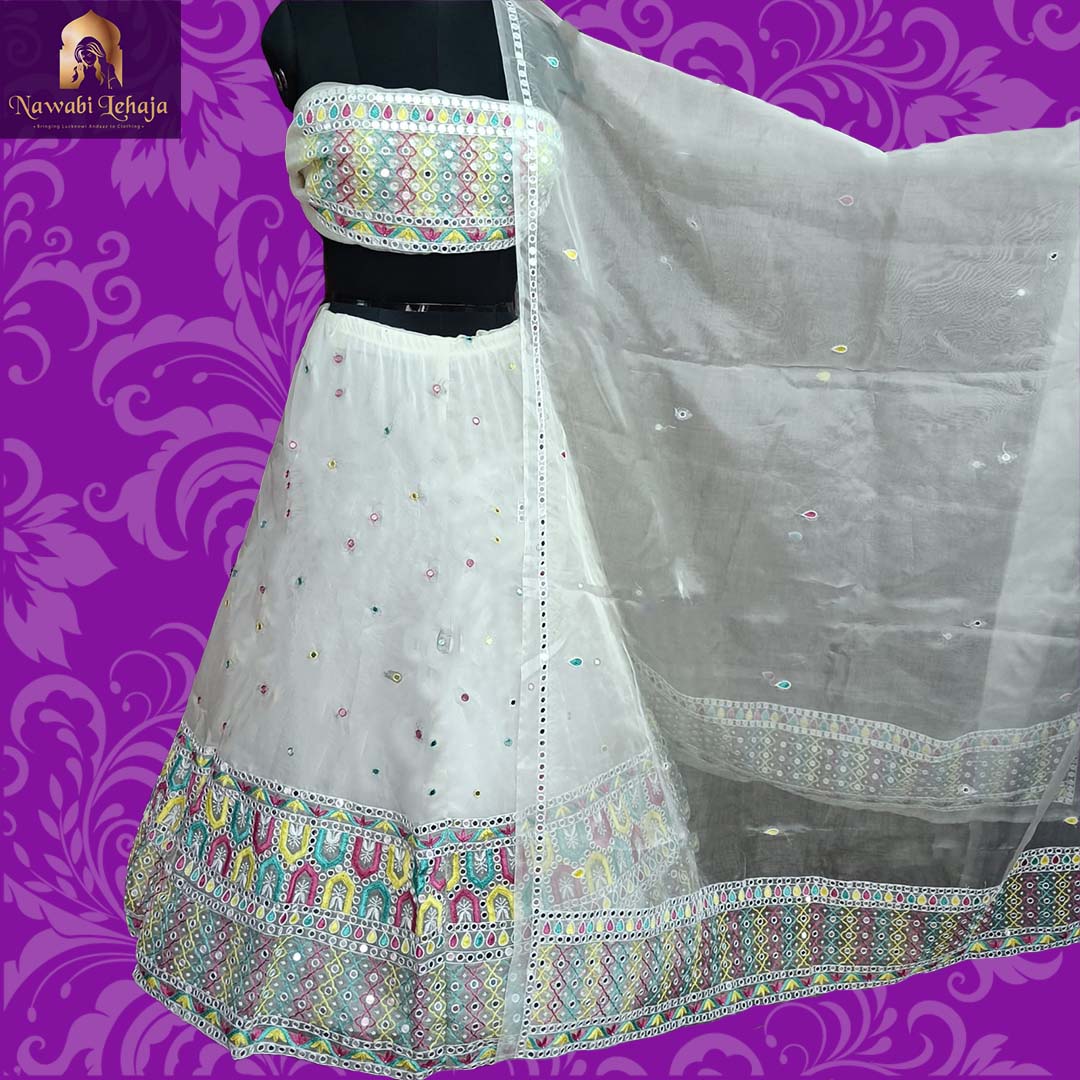 Pure Organza Silk Handcratfed Aari Embroidered Multicolor Lehenga set - NawabiLehaja
