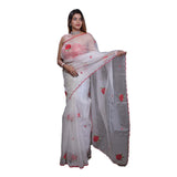 Pure White Organza hand embroidered saree with Rose design Aari embroidery and cutwork border - NawabiLehaja