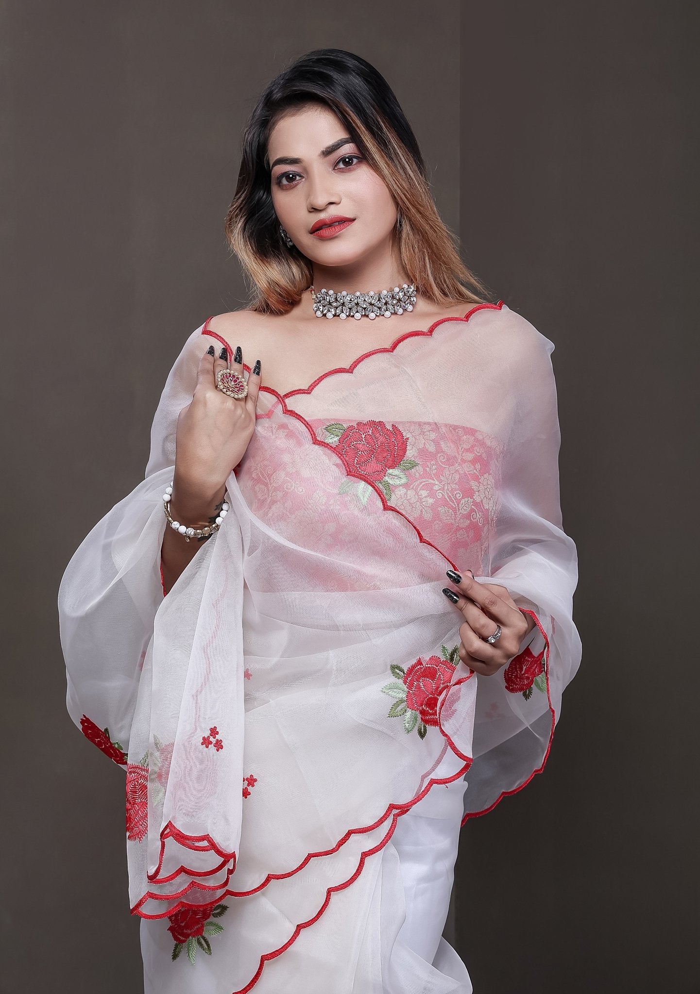 Pure White Organza hand embroidered saree with Rose design Aari embroidery and cutwork border - NawabiLehaja