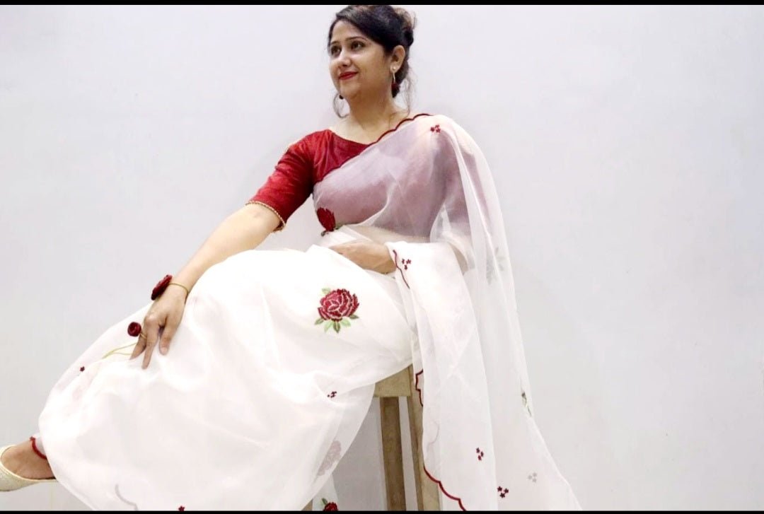 Pure White Organza with Rose design saree with Aari embroidery - NawabiLehaja