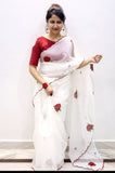 Pure White Organza with Rose design saree with Aari embroidery - NawabiLehaja