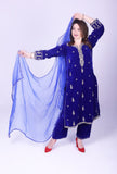 Royal Blue silk velvet handcrafted kurta set - NawabiLehaja