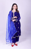 Royal Blue silk velvet handcrafted kurta set - NawabiLehaja