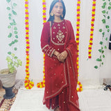 Women's Lucknowi Handcrafted Deep Red Velvet Anarkali with Organza Dupatta - NawabiLehaja