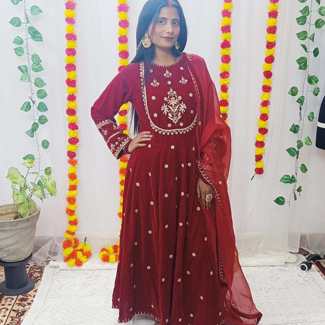 Women's Lucknowi Handcrafted Deep Red Velvet Anarkali with Organza Dupatta - NawabiLehaja