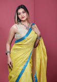 Yellow Color Handloom Metallic Linen Saree with Banarasi Patch Border - NawabiLehaja