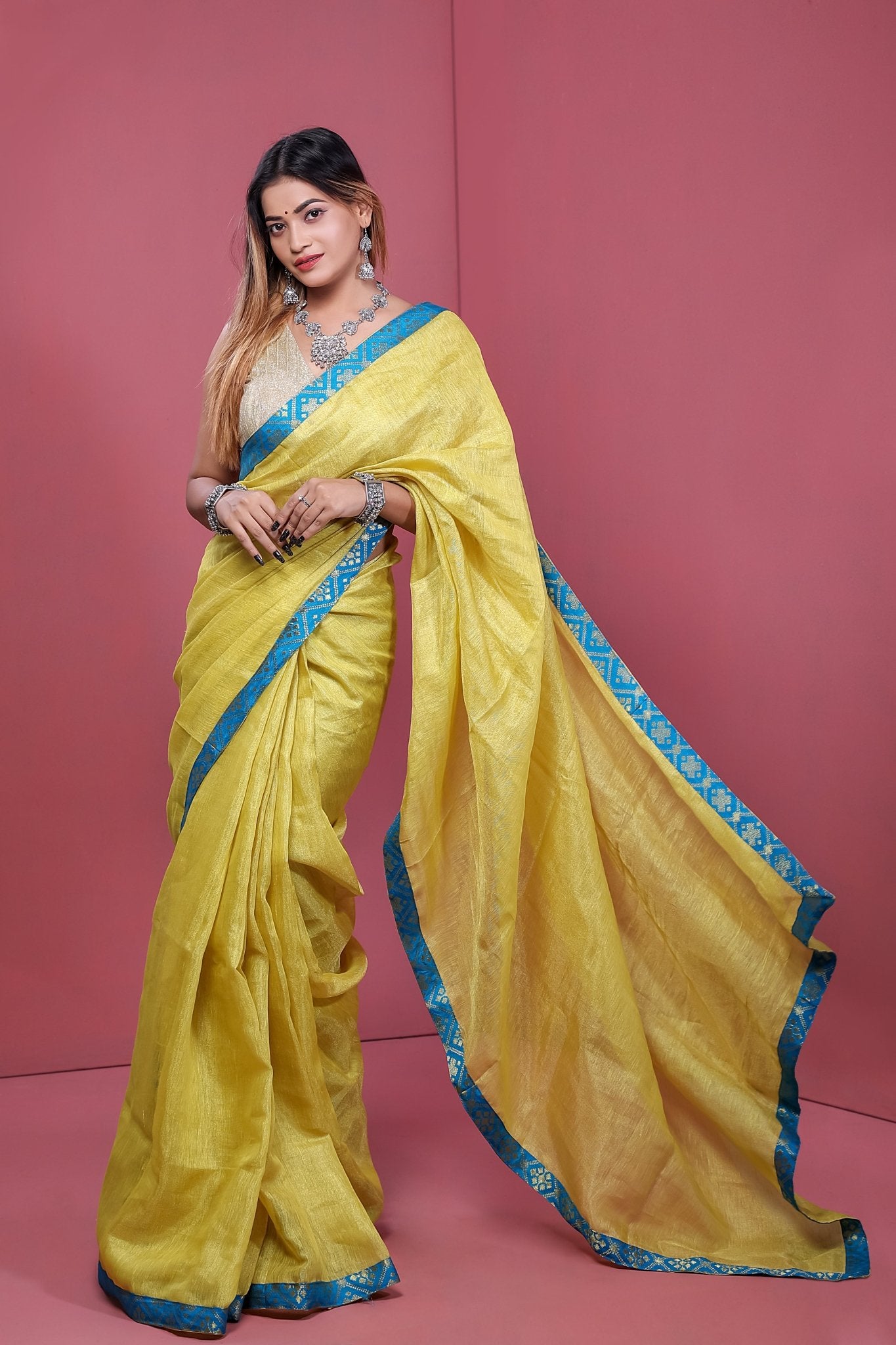 Yellow Color Handloom Metallic Linen Saree with Banarasi Patch Border - NawabiLehaja